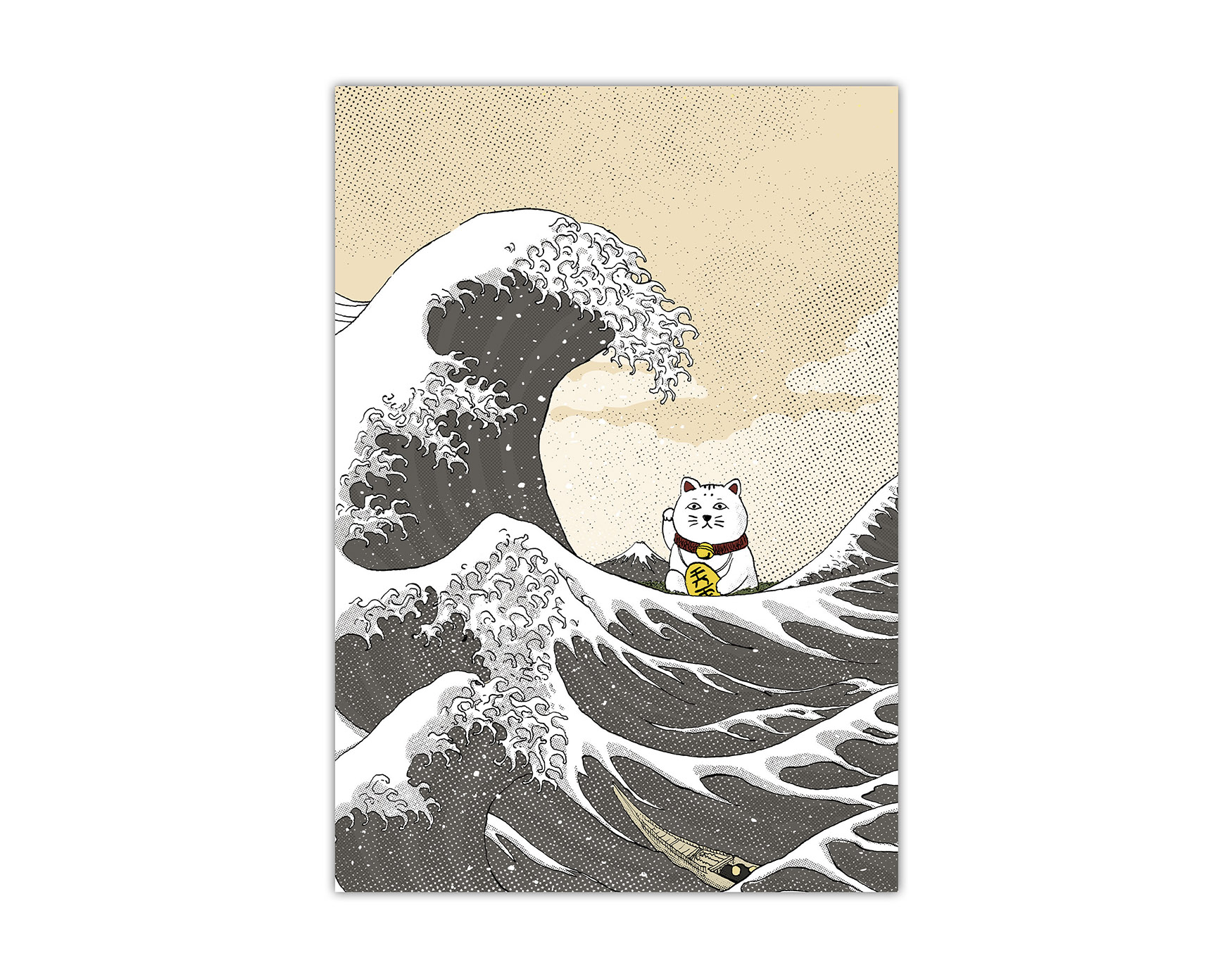Lámina con una ilustración de el gato de la suerte (maneki neko) y el dibujo de La Gran Ola de Hokusai
